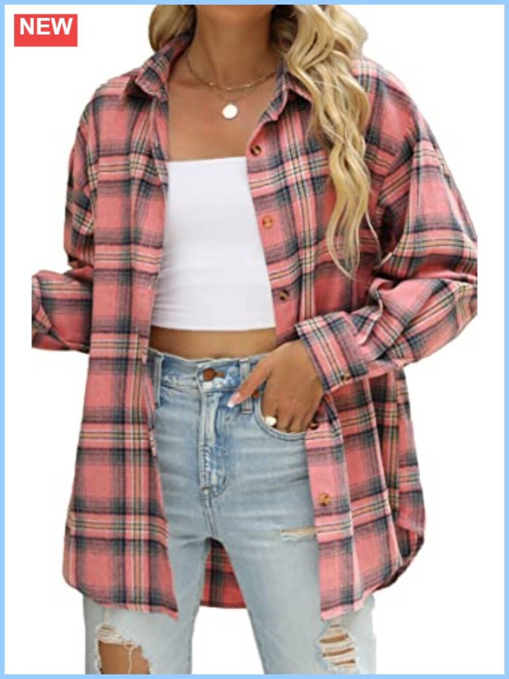 Oversized Plaid Button Down Shirt Long Sleeve Casual Blouse Top